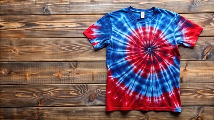 Red and blue tie dye style t-shirt on wooden background for self-dyeing clothes concept , tie dye, t-shirt, red, blue, self-dyeing, clothes, DIY, fashion, craft, wooden, background, creative