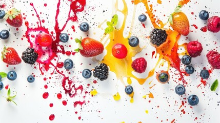 Fresh berries and cascading splashes of colorful juice on a pure white surface