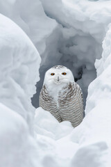 Wall Mural - Snowy owl taking shelter in snowdrift