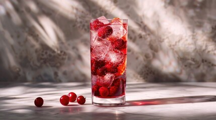 Wall Mural - Red berry cocktail served in a tall glass with visible ice cubes and fresh fruit pieces