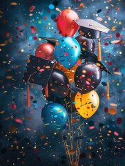 Canvas Print - A close-up photo of colorful balloons with graduation caps and confetti against a blue background. Generative AI