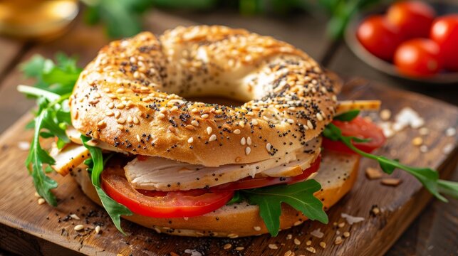 Tasty bagel with cured ham, arugula, cream cheese and tomatoes