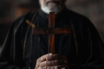 Wall Mural - priest praying holding wooden religious cross against on a dark black background. ai generative