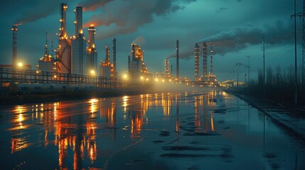 Poster - Nuclear factories, nighttime nuclear factories, magnificent buildings. Generative AI.
