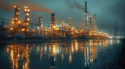 Poster - Nuclear factories, nighttime nuclear factories, magnificent buildings. Generative AI.