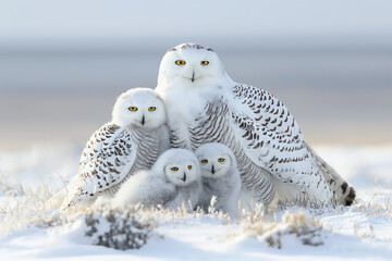 Wall Mural - Snowy owl family posing in winter landscape