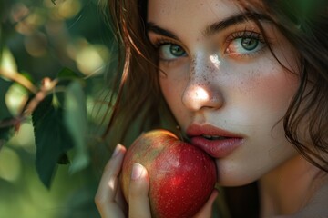 Wall Mural - portrait of Eve biting the apple, her eyes wide with a mix of curiosity and temptation. ai generative