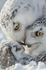 Wall Mural - Snowy owl family sharing tender moment in winter wonderland