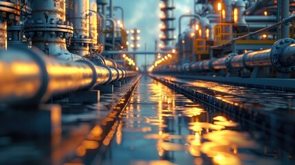 Fototapete - Oil and gas at factory. Industry pipeline transport petrochemical, gas and oil processing. Generative AI.