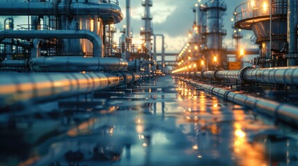 Fototapete - Oil and gas at factory. Industry pipeline transport petrochemical, gas and oil processing. Generative AI.
