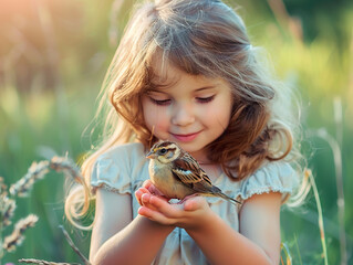 Poster - A young girl is holding a small bird in her hands