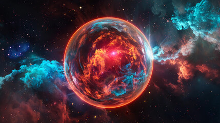 Wall Mural - 3d spectacular cosmic cloud explosion within transparent sphere with red background. nebula and star