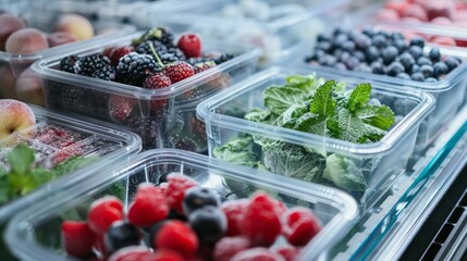 Wall Mural - Frozen raspberries and blackberries in plastic containers inside refrigerator.