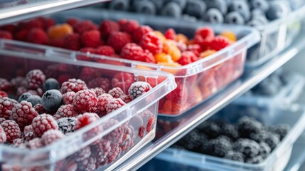 Wall Mural - Frozen raspberries and blackberries in plastic containers inside refrigerator.