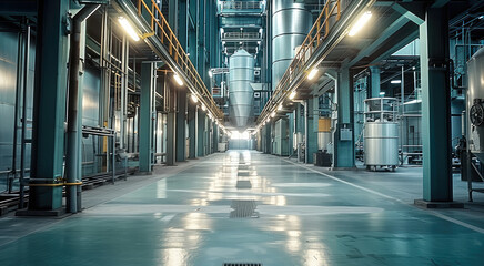 Fototapete - Industrial plant inside. Equipment and piping inside of industrial thermal power. Generative AI.