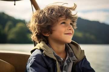 Wall Mural - Cute child spending weekend vacation on the boat sea ocean river lake, Generative AI