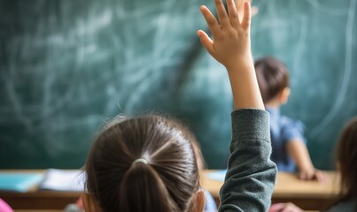 child raising their hand in class, with the teacher writing on the chalkboard in the backgrounchild raising their hand in class, with the teacher writing on the chalkboard in the backgroun