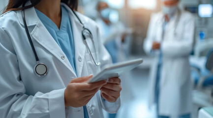 Fototapete - The hands of a healthcare professional engaged with AI technology on a digital tablet. Surround the scene with futuristic medical data. Generative AI.