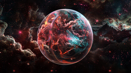 Wall Mural - 3d spectacular cosmic cloud explosion within transparent sphere with red background. nebula and star