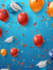 Canvas Print - A vibrant blue background is filled with colorful balloons, graduation caps, and confetti, celebrating a joyous university graduation party. Generative AI