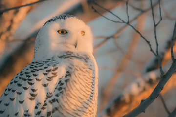 Wall Mural - Majestic snowy owl perched on a branch in winter sunset