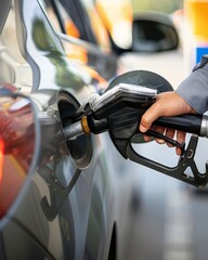 Wall Mural - A consumer fills up their car at a gas station while a digital display shows high gas prices