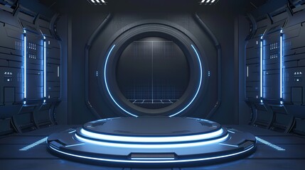 Futuristic Circular Podium with Three Vertical Pillars, Black and Blue Color Scheme, White Lighting, Digital Data Displayed on Wall. 2D Flat Illustration from Overhead Angle with Floating Platform and
