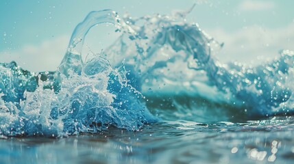 Wall Mural - Water wave, splash of water on light blue background, high resolution photography.