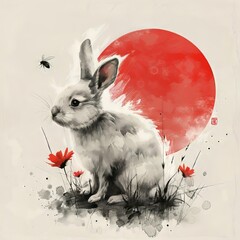 Wall Mural - Rabbit Illustration in Round Circle Red Background