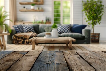 Glossy wood table top with living room blurred background for product display.