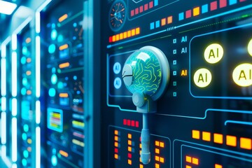 Canvas Print - High tech AI control panel with digital displays, representing advanced artificial intelligence technology in a futuristic setting