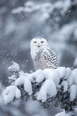 Wall Mural - Majestic snowy owl perched on snow covered branch during snowfall