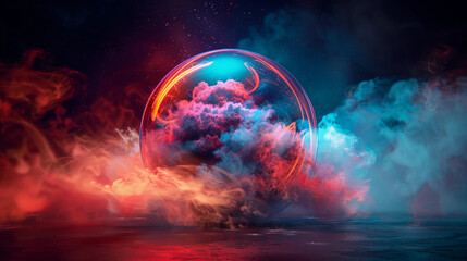 Wall Mural - 3d spectacular cosmic cloud explosion within transparent sphere with red background. nebula and star