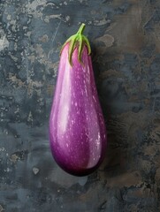 Poster - Aubergine eggplant on a grey, textured surface, with fresh leaves adding a natural touch. Suitable for rustic or organic-themed food content and agricultural promotions.