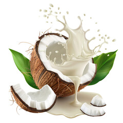 Wall Mural - Fresh coconut splashing milk and leaves, cut out