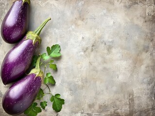 Poster - Three shiny eggplants with green leaves on a textured grey background. Suitable for rustic food photography, farm-to-table concepts, and vegetable features.