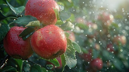 Wall Mural - Red Apple Orchard on a Sunny Day with Summer Rain