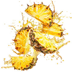 Canvas Print - Fresh delicious pineapple slices splashing in juice, cut out