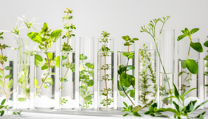 Plants in test tubes on a light background