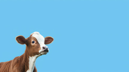 Wall Mural - Image of brown and white cow on blue background