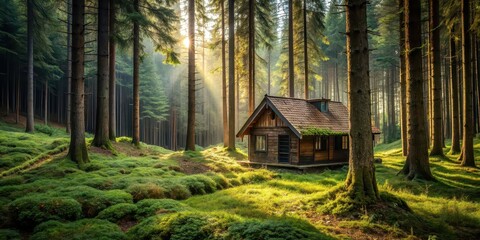 Poster - House tucked away in a secluded forest clearing, woods, nature, cabin, home, wooden, tranquil, remote, peaceful