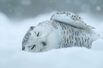 Wall Mural - Snowy owl resting in the snow during a snowfall