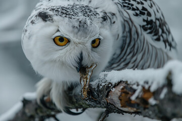 Wall Mural - Snowy owl perched on branch eating prey