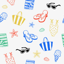 Summer beach elements seamless pattern, colorful vector flip-flops, tote bag, ice cream, sunglasses, swimwear and shells