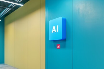 Canvas Print - Minimalistic AI icon on blue wall, symbolizing artificial intelligence in a modern and clean design