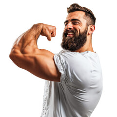 Peak Performance: Strength and Confidence. A Testament to Dedication. a powerful man with a beard, flexing his bicep in a white t-shirt. fitness goals, athletic apparel, or personal training services.