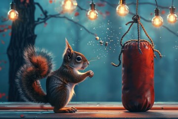 Wall Mural - A cartoonish squirrel is standing in front of a red boxing bag