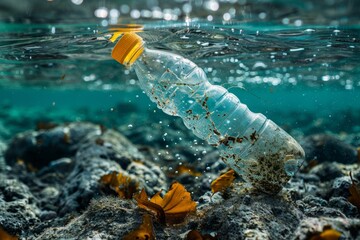 Wall Mural - plastic bottle underwater in the sea or ocean, environmental pollution with garbage