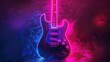 © Pixel Pine - Neon Lit Electric Guitar in a Haze of Smoke, A Symbol of Rock and Rebellion. Music club poster background