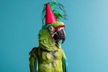 closeup portrait of green parrot in a party hat on blue background. Birthday party of celebration concept